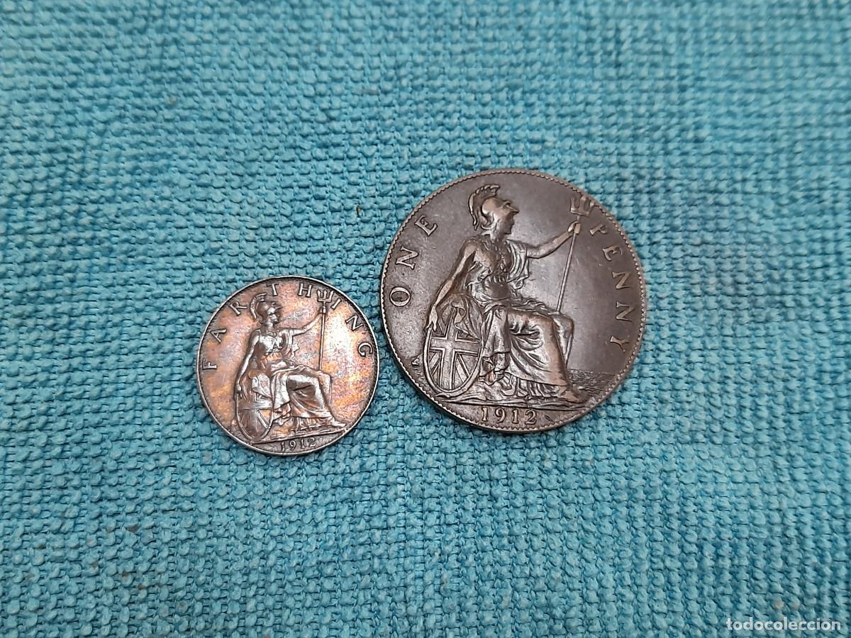 Monedas antiguas de Europa: Gran Breta&ntilde;a, George V, 1 Farthing y 1 Penny 1912