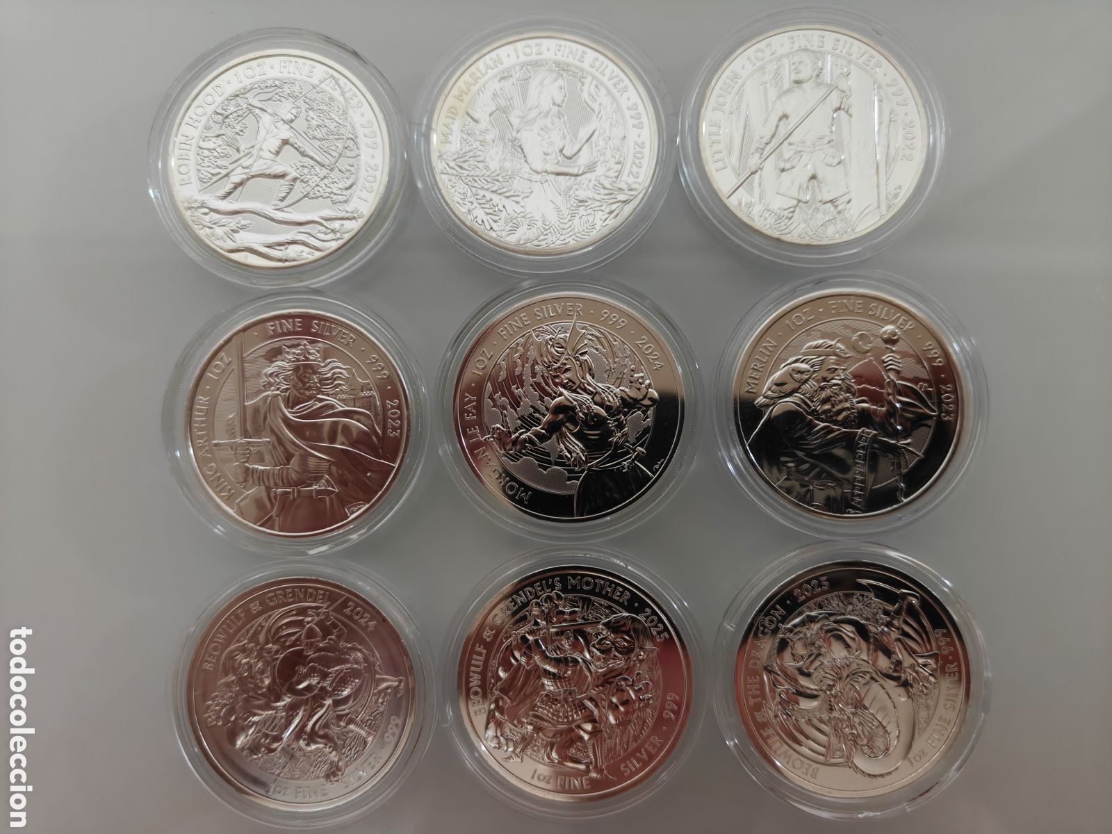 Alte M&uuml;nzen aus Europa: 9x ONZAS PLATA 999 MITOS Y LEYENDAS COMPLETA ROYAL MINT ROBIN HOOD ARTURO BEOWULF 2021-2025 C&Aacute;PSULA.
