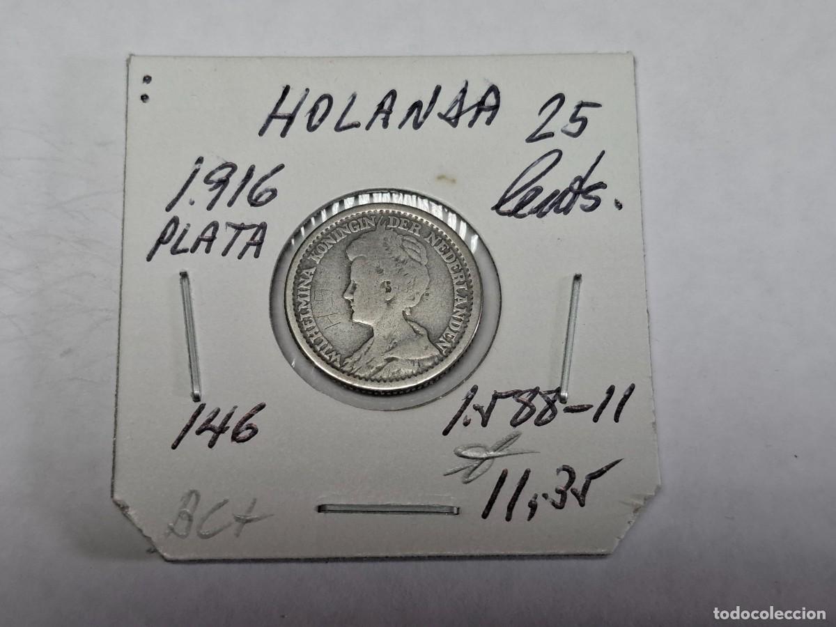 Monedas antiguas de Europa: 25 CENTS. de PLATA de 1916 KM 146 HOLANDA en BC+