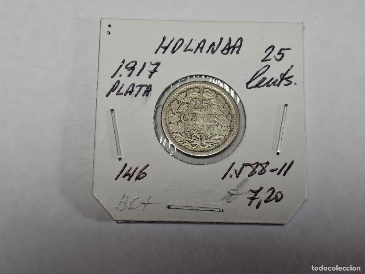 Monedas antiguas de Europa: 25 CENTS. de PLATA de 1917 KM 146 HOLANDA en BC+