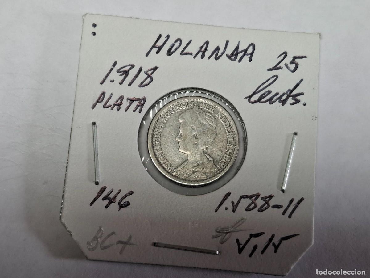 Monedas antiguas de Europa: 25 CENTS. de PLATA de 1918 KM 146 HOLANDA en BC+