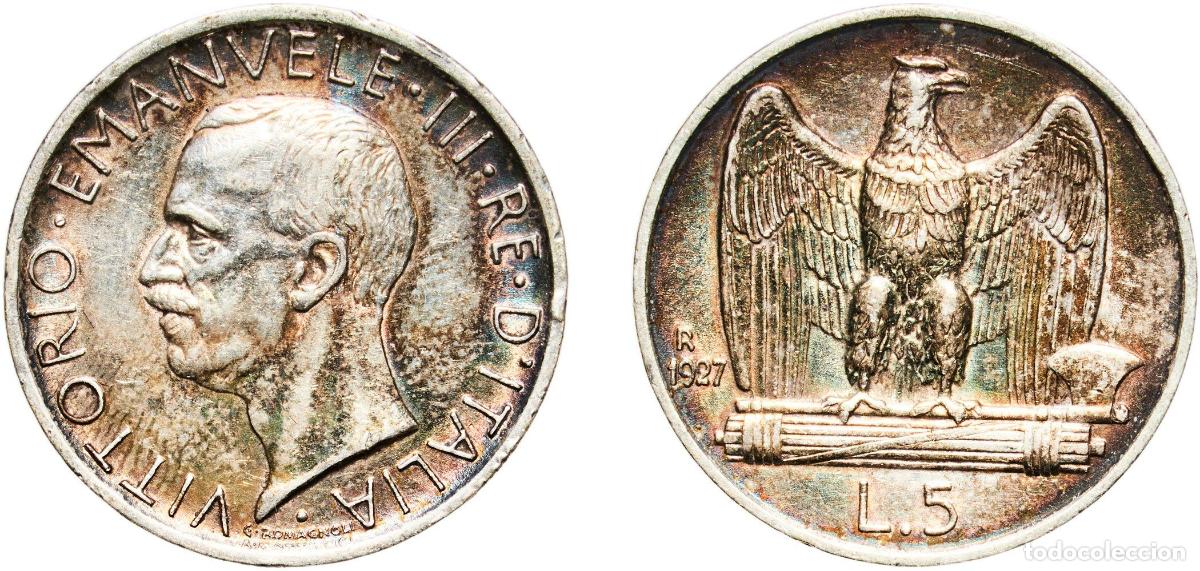 Monedas antiguas de Europa: Italy Kingdom 1927 R 5 Lire - Vittorio Emanuele III Silver (.835) Rome Mint (92887460) 5g AU KM 67.