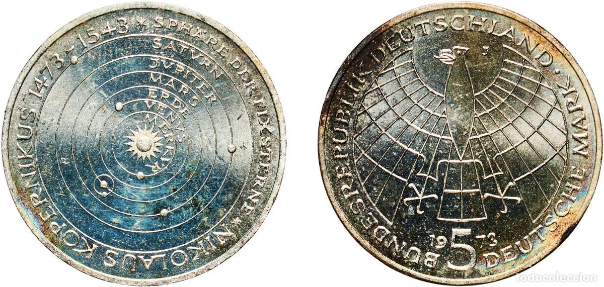 Monedas antiguas de Europa: Germany Federal Republic 1973 J 5 Deutsche Mark (Nicolaus Copernicus) Silver (.625) Hamburg Mint (2