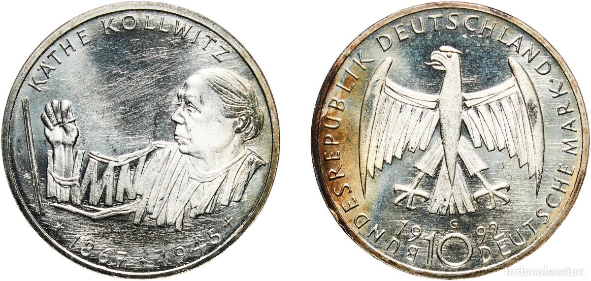 Monedas antiguas de Europa: Germany Federal Republic 1992 G 10 Deutsche Mark (K&auml;the Kollwitz) Silver (.625) Staatliche M&uuml;nze Ba