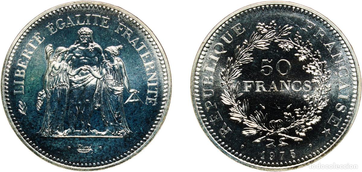 Monedas antiguas de Europa: France Fifth Republic 1975 50 Francs Silver (.900) (Copper .100) Paris Mint (4552011) 30.07g UNC Fr