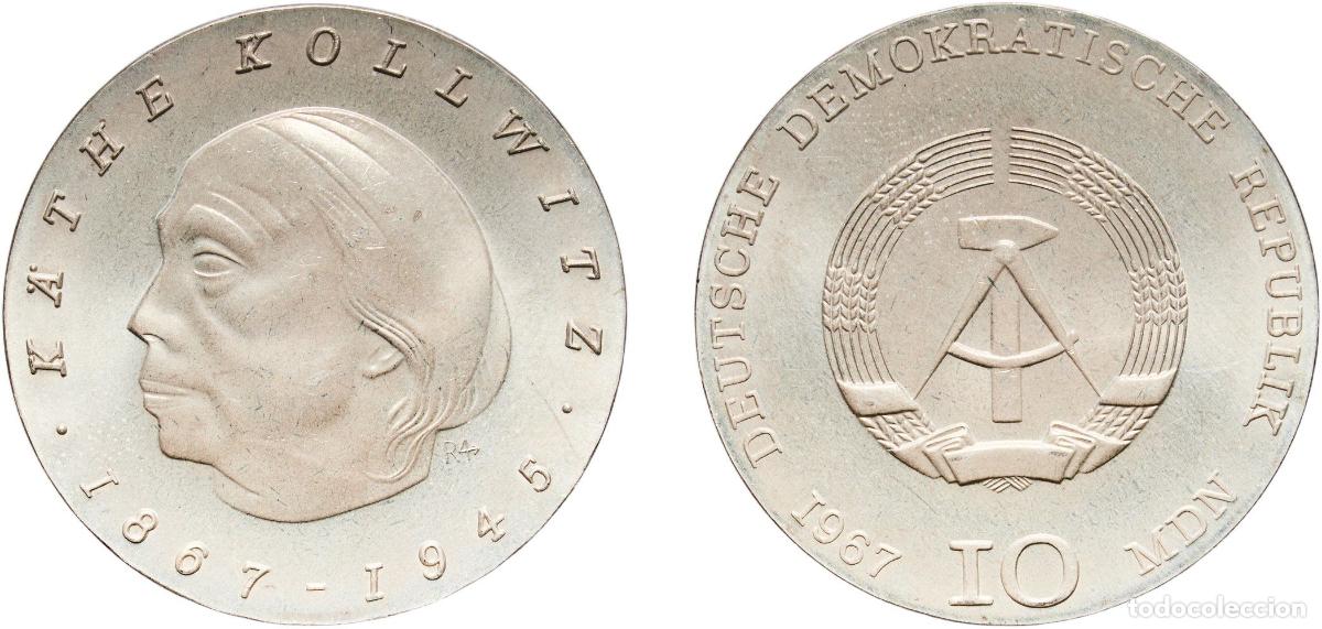 Monedas antiguas de Europa: Germany German Democratic Republic Democratic republic 1967 A 10 Mark (K&auml;the Kollwitz) Silver (.800