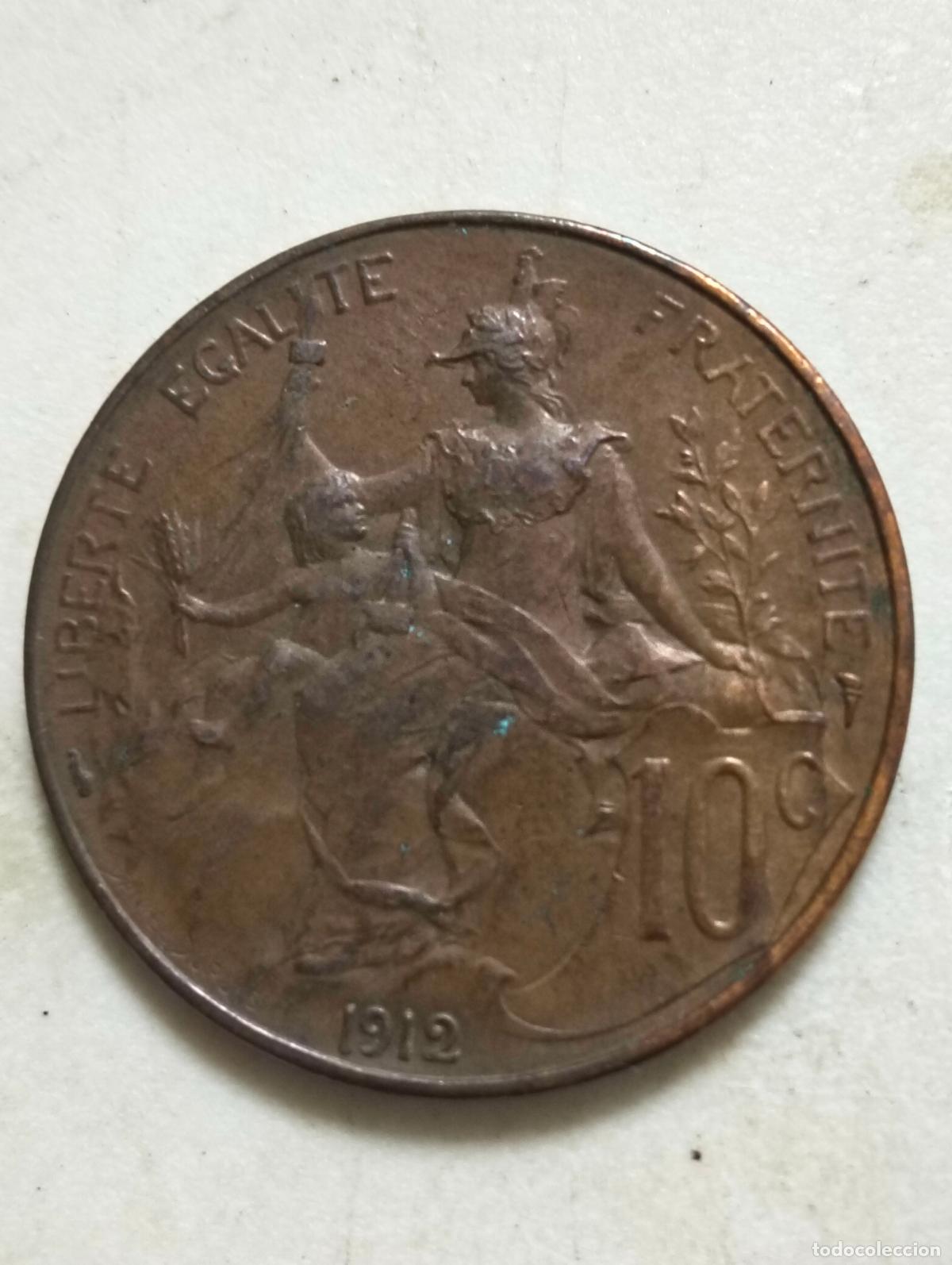 Monedas antiguas de Europa: MONEDA DE BRONCE 10 CENTIMES, A&Ntilde;O 1912, TERCERA REPUBLICA FRANCESA