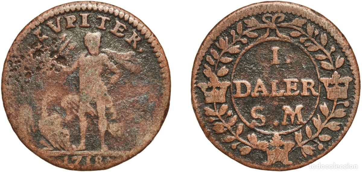 Monedas antiguas de Europa: Sweden Kingdom 1718 1 Daler Silvermynt - Charles XII (Jupiter) Copper (300000) 4.35g F KM 357