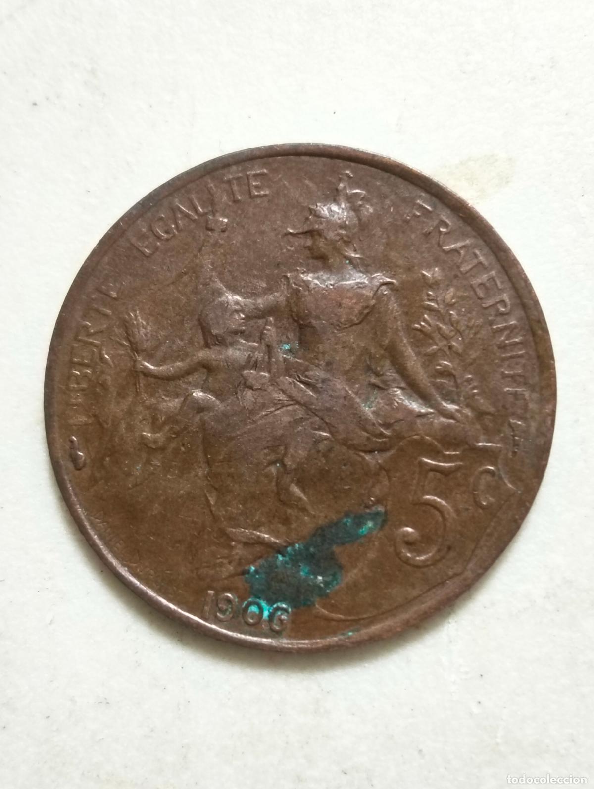 Monedas antiguas de Europa: MONEDA DE BRONCE 5 CENTIMES, A&Ntilde;O 1906, TERCERA REPUBLICA FRANCESA