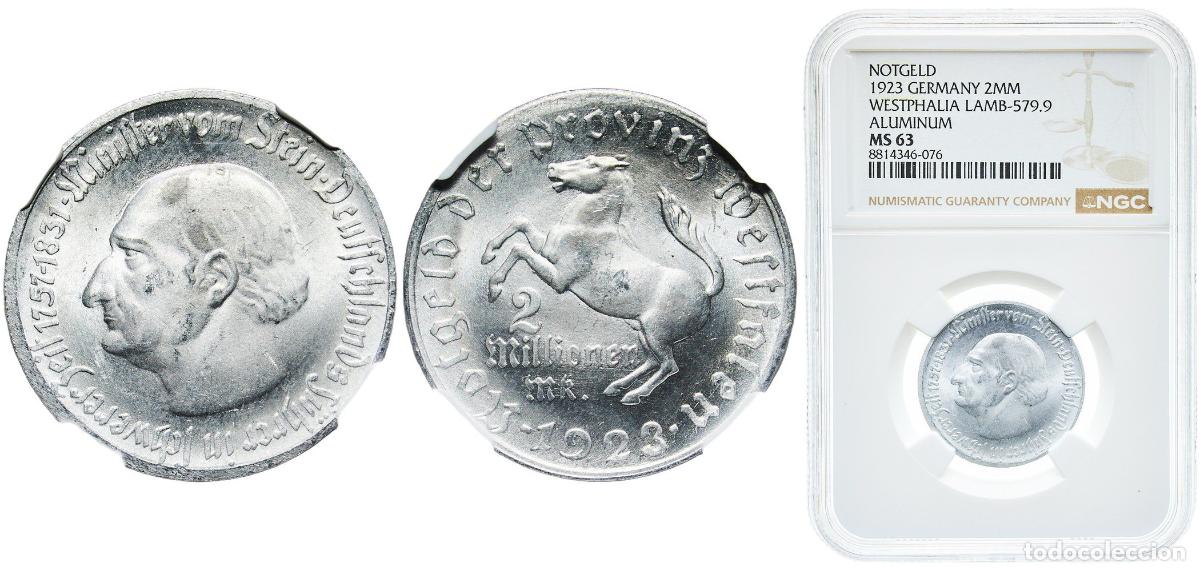 Monedas antiguas de Europa: Germany Prussian province of Westphalia 1923 2 millions Mark - Westfalen (Freiherr vom Stein) Alumi