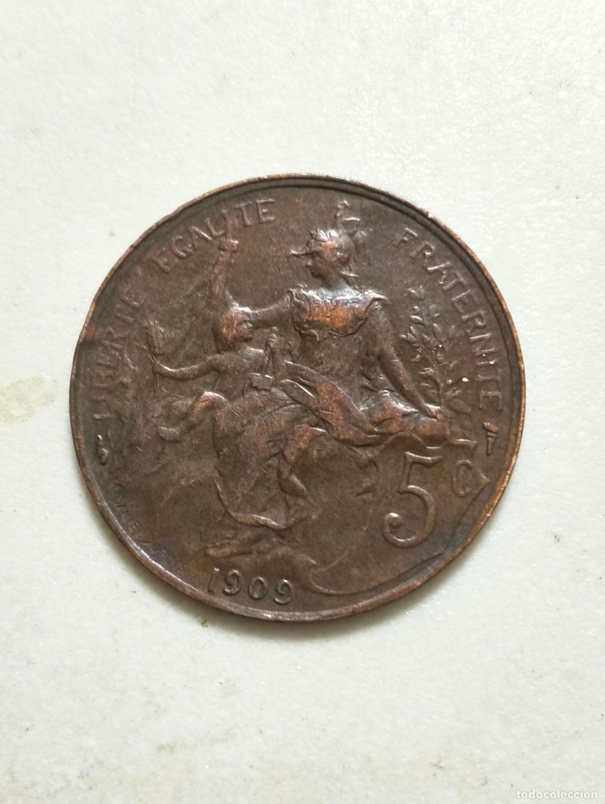 Monedas antiguas de Europa: MONEDA DE BRONCE 5 CENTIMES, A&Ntilde;O 1909, TERCERA REPUBLICA FRANCESA