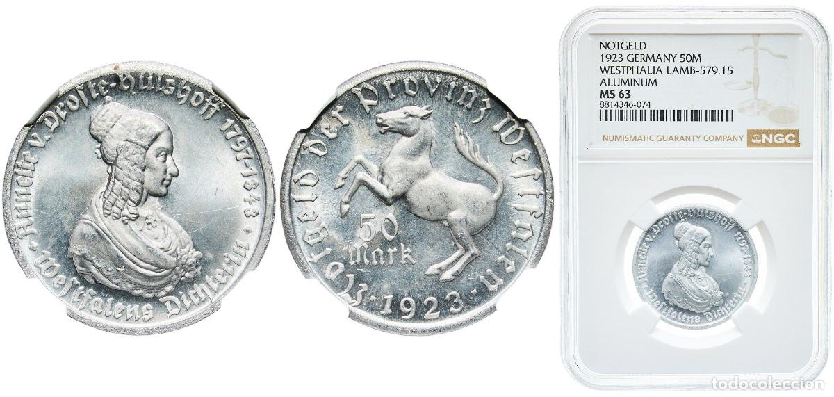 Monedas antiguas de Europa: Germany Prussian province of Westphalia Weimar Republic 1923 50 Mark - Westfalen (Annette v. Droste