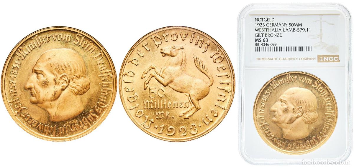 Monedas antiguas de Europa: Germany Prussian province of Westphalia 1923 50 millions Mark - Westfalen (Freiherr vom Stein) Gold