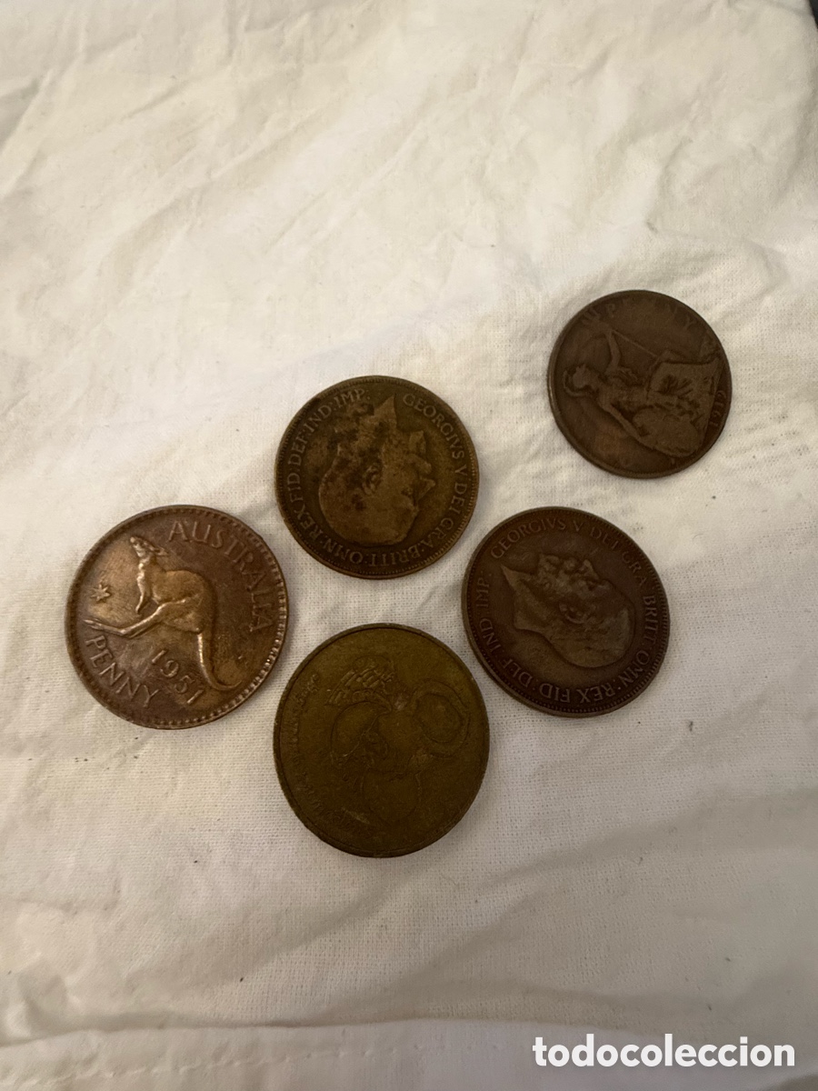 Monedas antiguas de Europa: Lote de 5 monedas antiguas de cobre &ndash; Gran Breta&ntilde;a y Australia, primera mitad del siglo XX