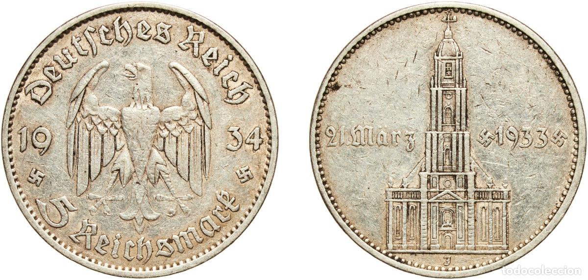 Monedas antiguas de Europa: Germany Third Reich 1934 J 5 Reichsmark (Potsdam Garrison Church) Silver (.900) Hamburg Mint (42940