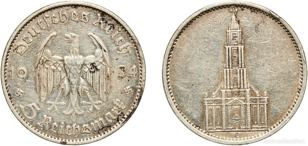 Monedas antiguas de Europa: Germany Third Reich 1934 E 5 Reichsmark (Potsdam Garrison Church) Silver (.900) Muldenh&uuml;tten Mint (