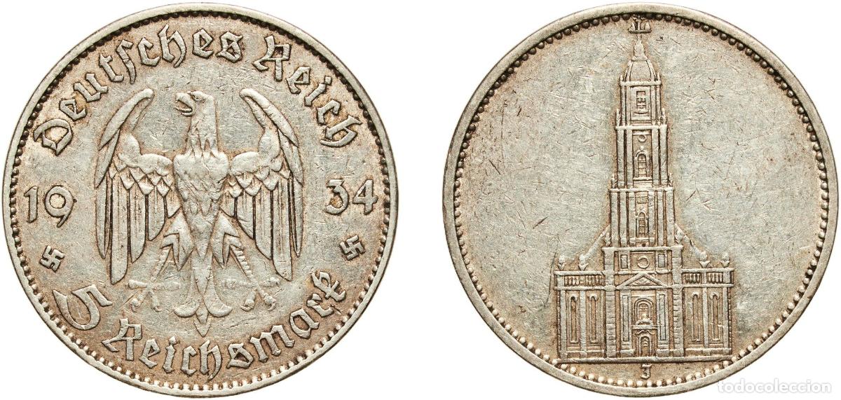 Monedas antiguas de Europa: Germany Third Reich 1934 J 5 Reichsmark (Potsdam Garrison Church) Silver (.900) Hamburg Mint (42940