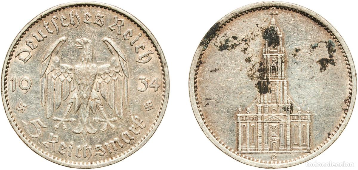 Monedas antiguas de Europa: Germany Third Reich 1934 E 5 Reichsmark (Potsdam Garrison Church) Silver (.900) Muldenh&uuml;tten Mint (
