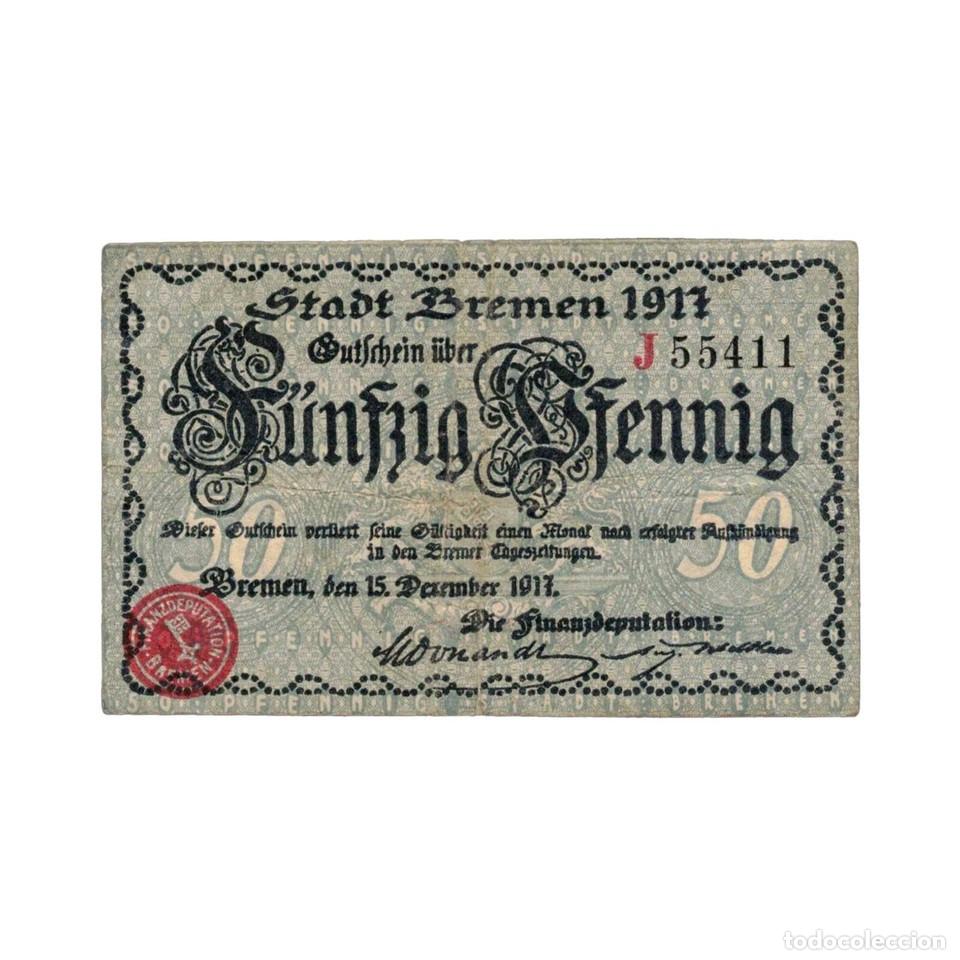 Monedas antiguas de Europa: Alemania billete De de Necesidad 50 Peniques 1917 ciudad de Bremen