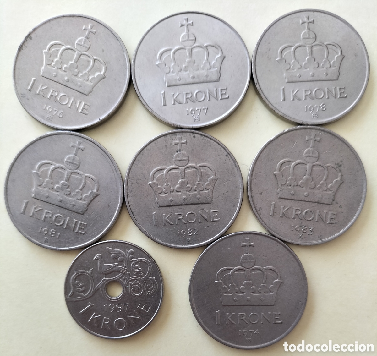 Monedas antiguas de Europa: Lote De 8 Monedas Distintas 1 Corona Noruega. Ref. 686 A&ntilde;os 1974,1976,1977,1978,1981,1982, 1983,1997