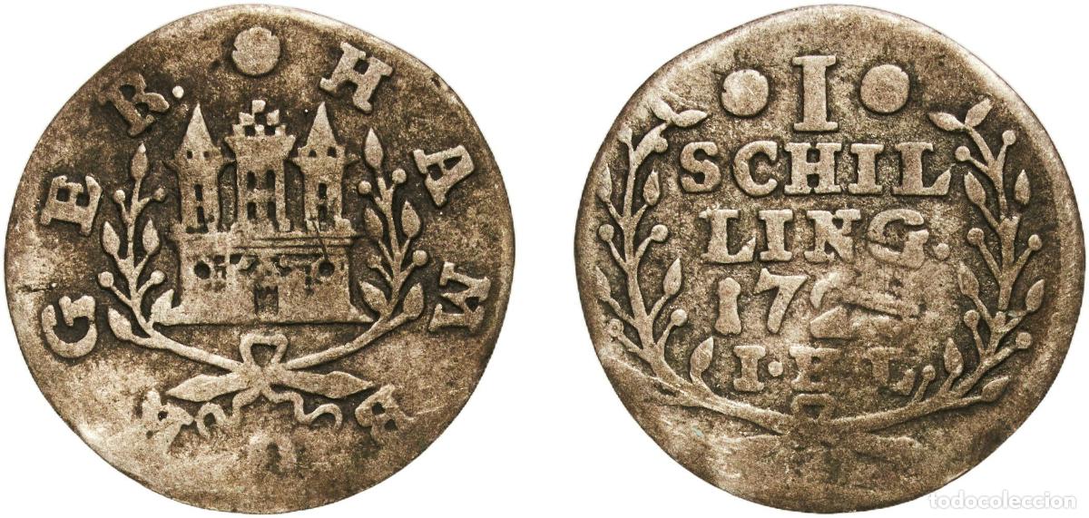 Monedas antiguas de Europa: Germany Free Hanseatic city of Hamburg German states 1726 1 Schilling Billon (.375 silver) Hamburg