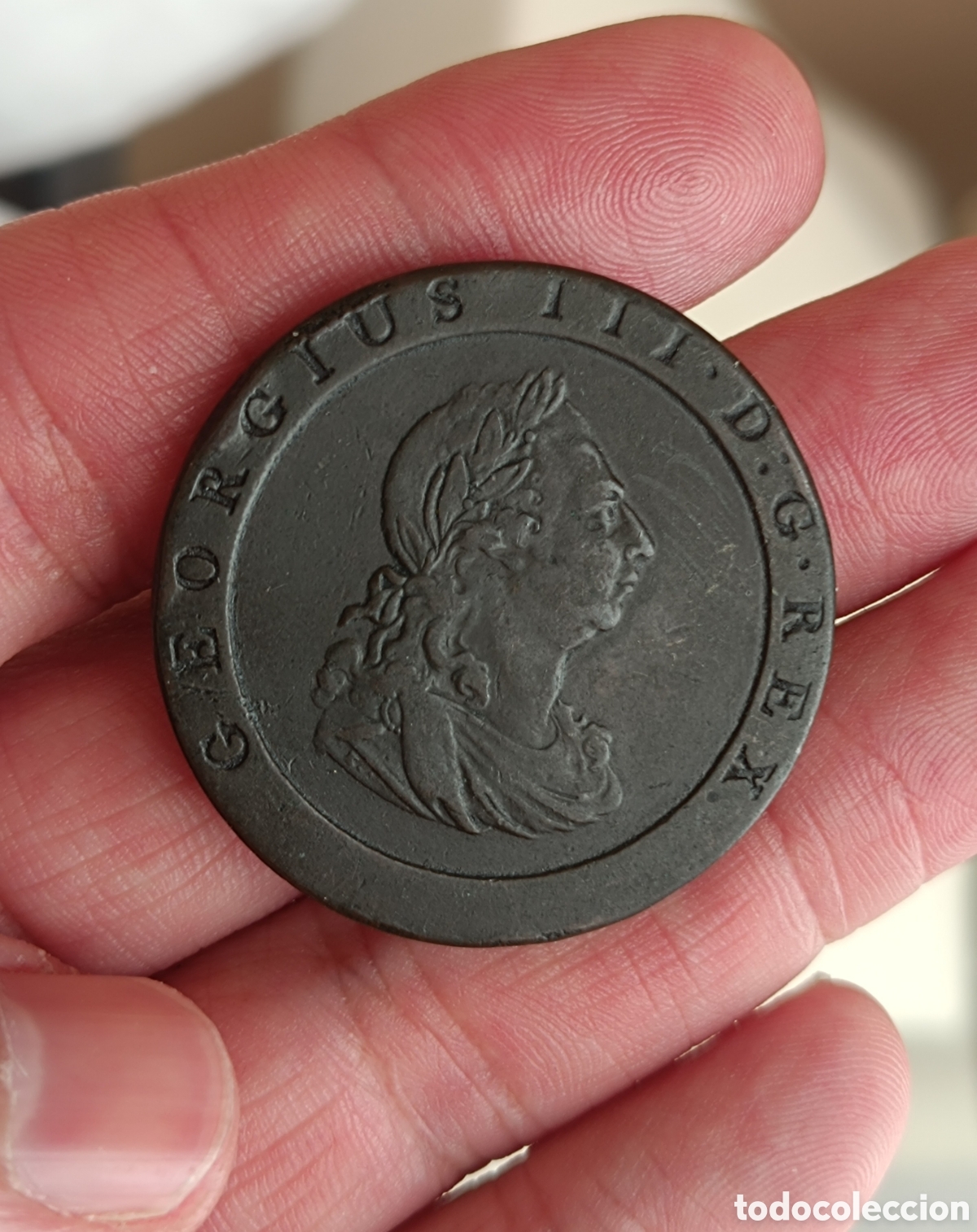 Monedas antiguas de Europa: Inglaterra. Bonito Penny Jorge III 1797. Rueda de carro