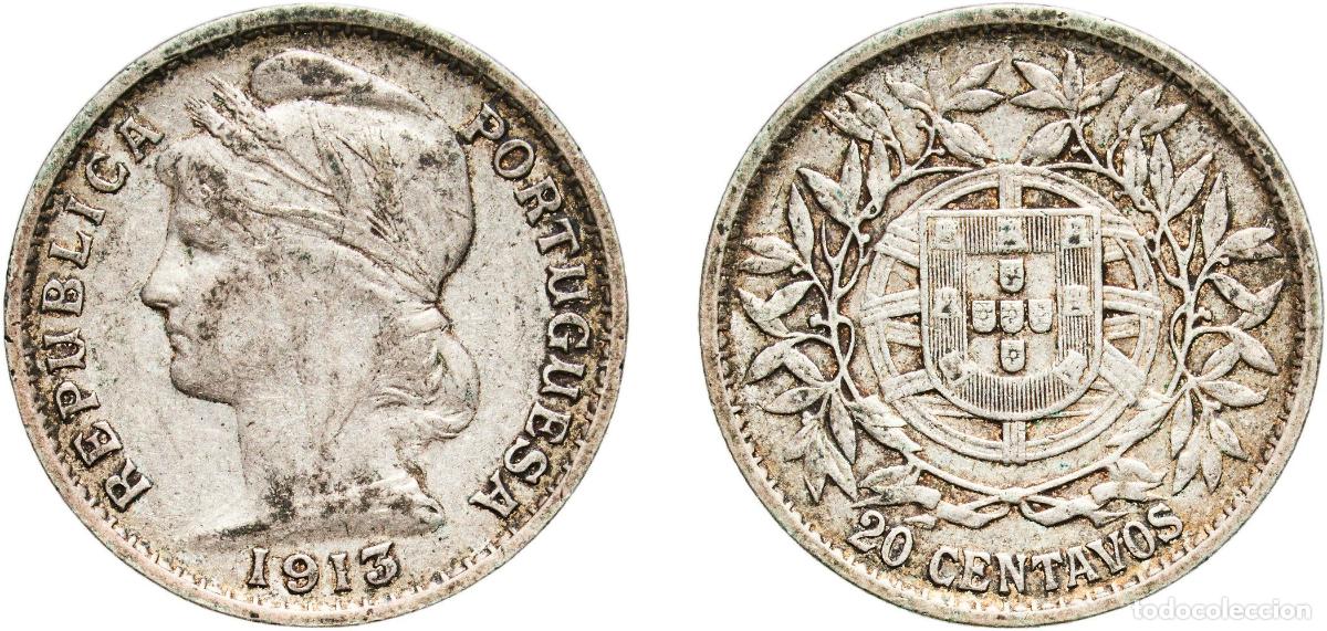 Monedas antiguas de Europa: Portugal First Republic 1913 20 Centavos Silver (.835) Lisbon Mint (540000) 4.92g XF KM 562 Gomes