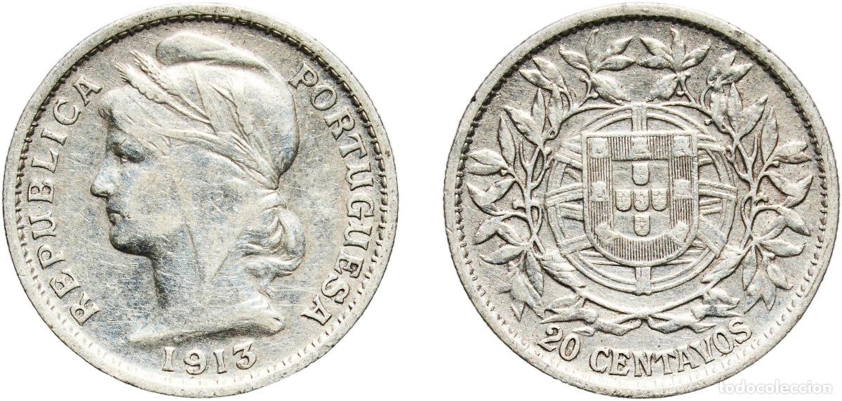 Monedas antiguas de Europa: Portugal First Republic 1913 20 Centavos Silver (.835) Lisbon Mint (540000) 4.91g XF KM 562 Gomes
