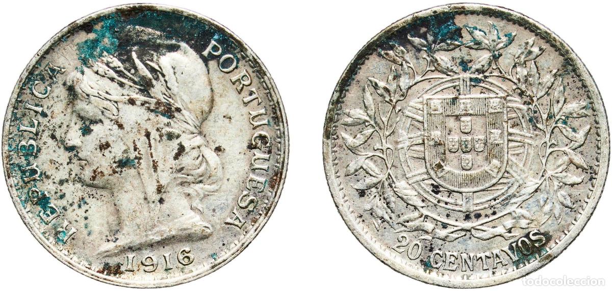 Monedas antiguas de Europa: Portugal First Republic 1916 20 Centavos Silver (.835) Lisbon Mint (706000) 4.91g XF KM 562 Gomes