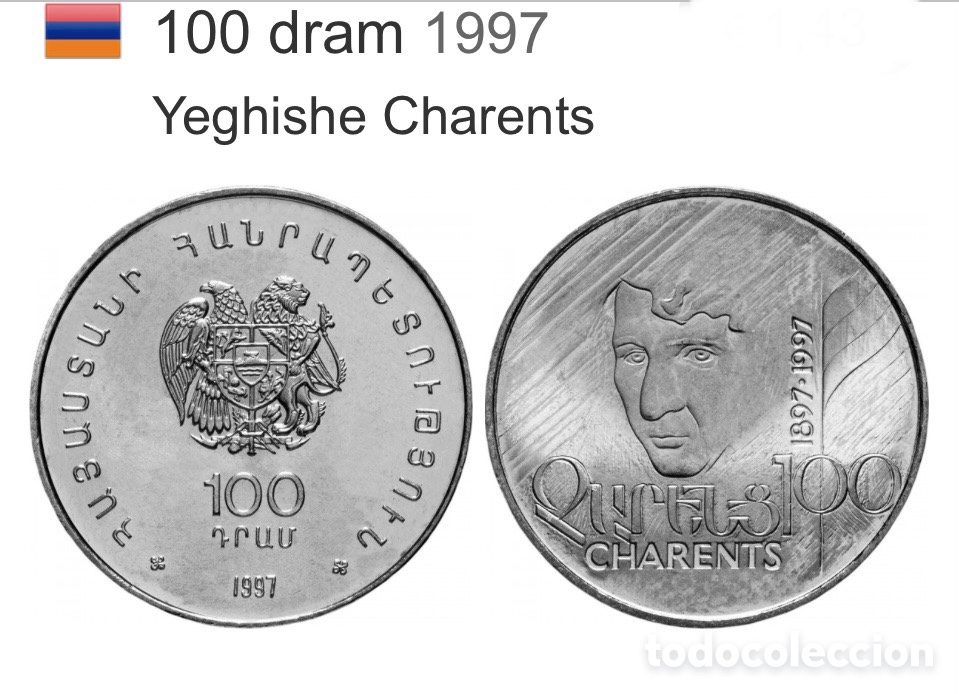 Monedas antiguas de Europa: Armenia 100 Dram 1997 Yeghisne Charens