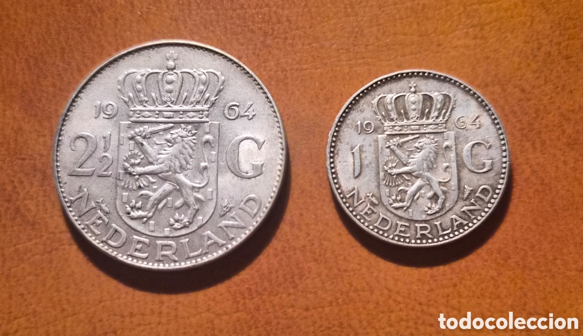 Monedas antiguas de Europa: lote 1 y 2&frac12; gulden 1964 &ndash; Juliana pa&iacute;ses bajos &ndash; plata 720 &ndash; 2 monedas