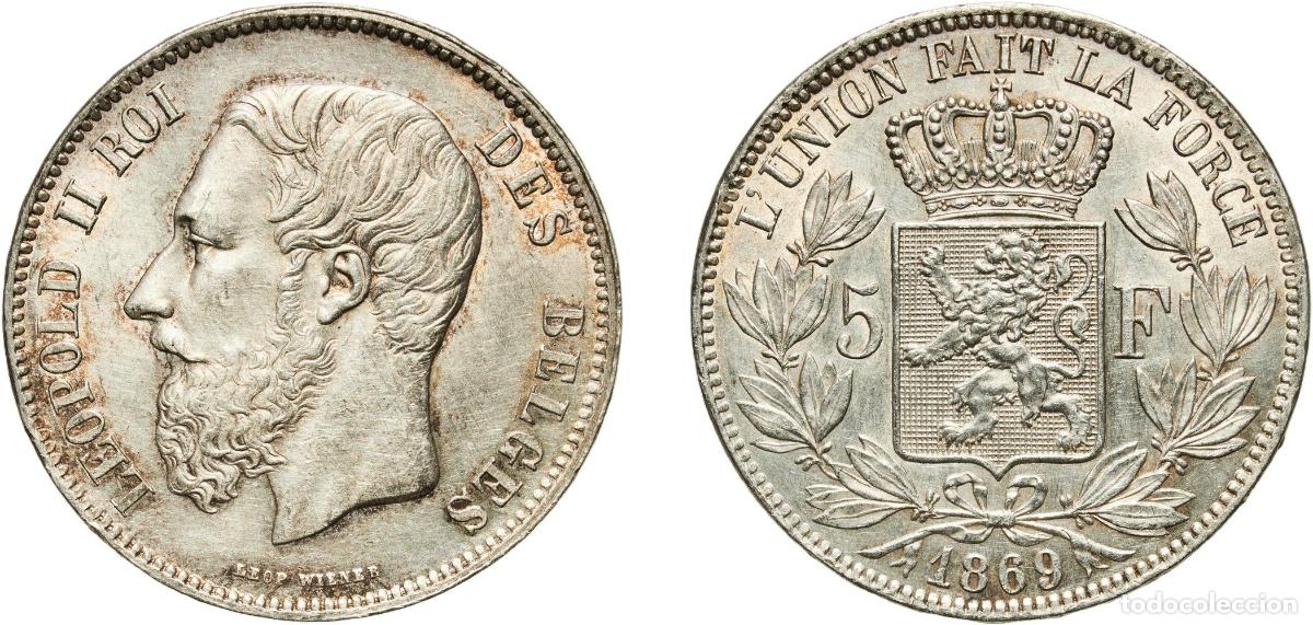 Monedas antiguas de Europa: Belgium Kingdom 1869 5 Francs - L&eacute;opold II (small head) Silver (.900) (10% copper) Royal Mint of Be