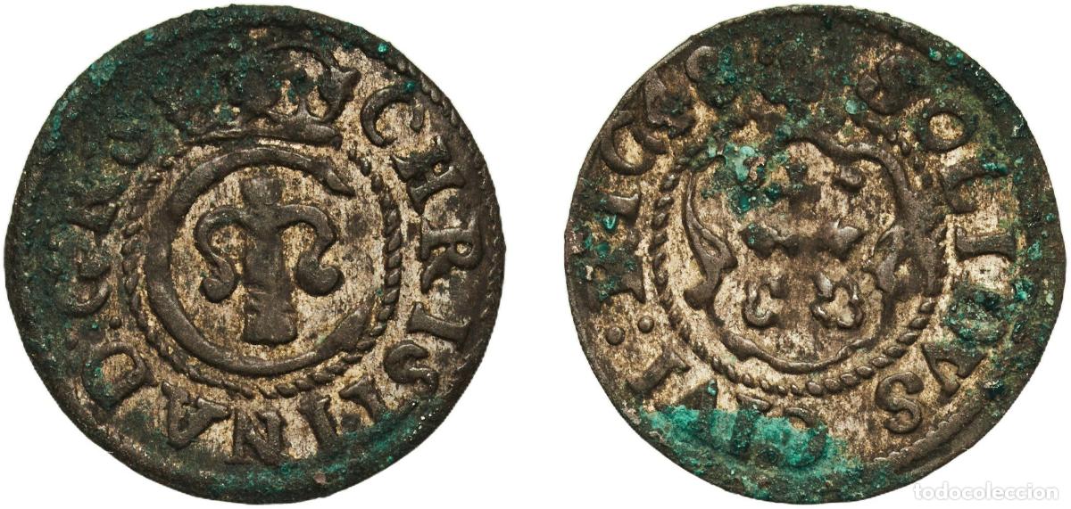 Monedas antiguas de Europa: Livonia Swedish Possession 1648 1 Solidus - Christina (Type 2; Riga) Billon 0.6g XF Ahlstr&ouml;m 5 Hal