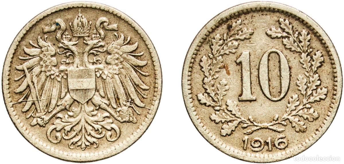Monedas antiguas de Europa: Austria Austro-Hungarian Empire 1916 10 Heller (Austrian shield) Nickel brass (Cu 500, Zn 400, Ni 1