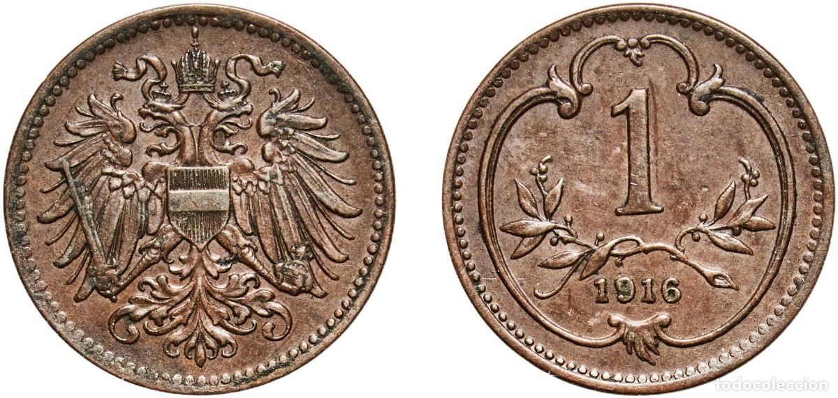 Monedas antiguas de Europa: Austria Austro-Hungarian Empire 1916 1 Heller - Franz Joseph I Bronze (Cu 950, Sn 40, Zn 10) Vienna