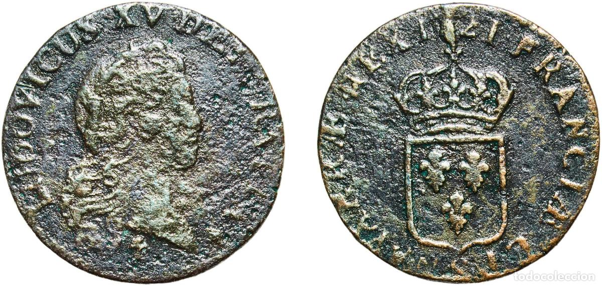 Monedas antiguas de Europa: France Kingdom 1721 S 1 Liard - Louis XV Copper Reims Mint (3150000) 3g VF Dy royales 1694 Ciani R