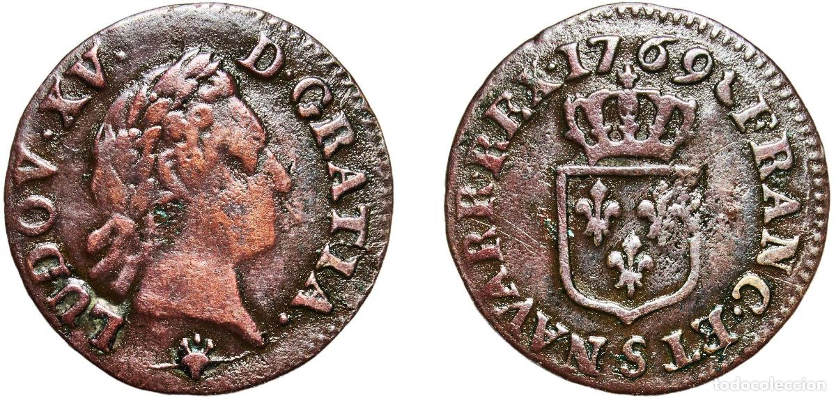 Monedas antiguas de Europa: France Kingdom 1769 S 1 Liard - Louis XV Copper Reims Mint (560000) 2.55g VF Dy royales 1701 Ciani