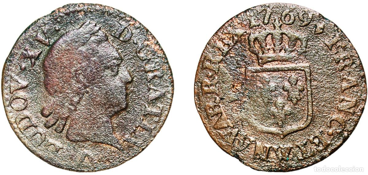 Monedas antiguas de Europa: France Kingdom 1769 W 1 Liard - Louis XV Copper Lille Mint 2g VF Dy royales 1701 Ciani Royales 214
