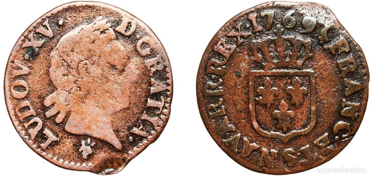 Monedas antiguas de Europa: France Kingdom 1769 S 1 Liard - Louis XV Copper Reims Mint (560000) 2.6g F Rim Damage Dy royales 1