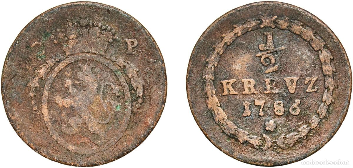Monedas antiguas de Europa: Germany Electors of the Palatinate German states 1786 &frac12; Kreuzer - Charles Theodor Copper Mannheim M