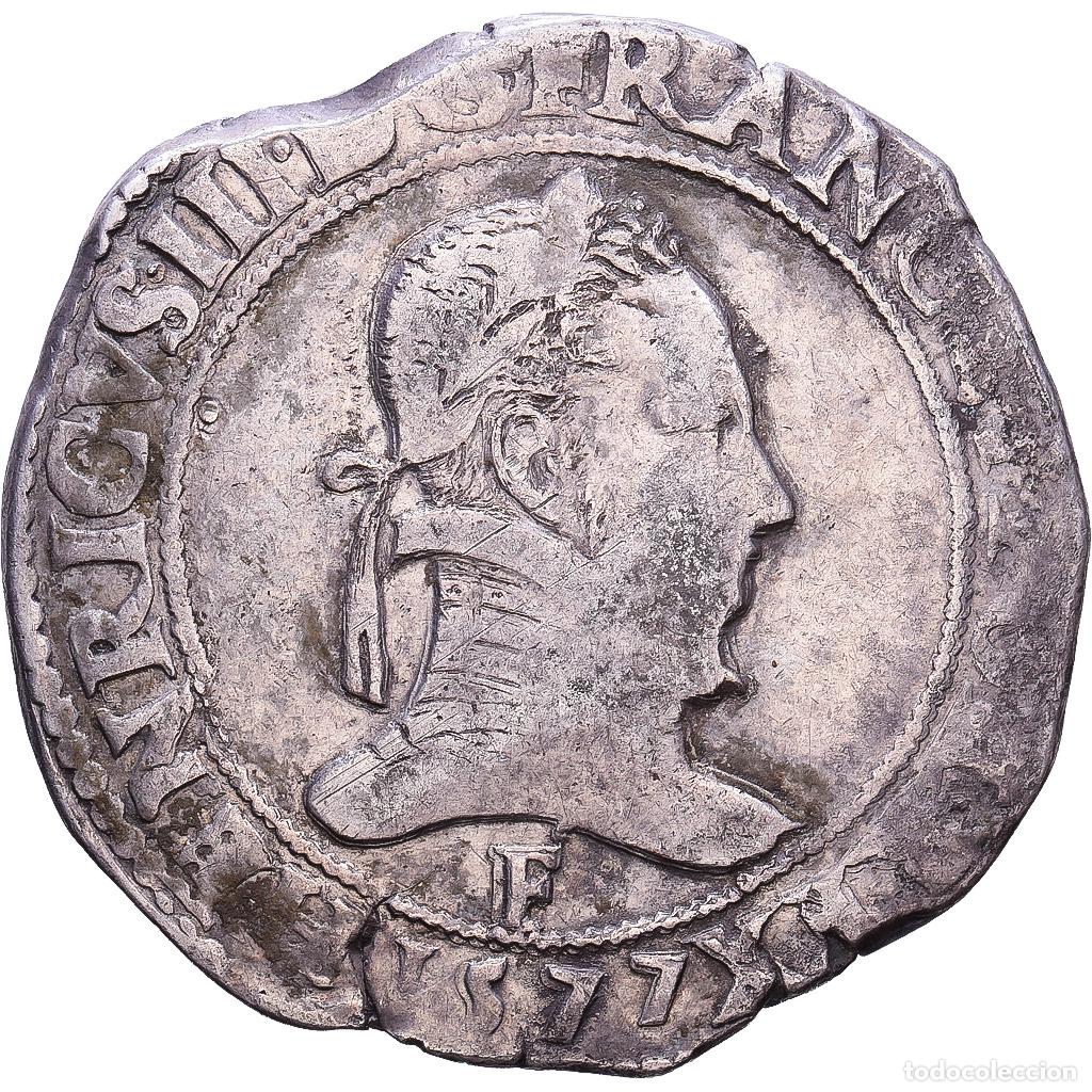 Monedas antiguas de Europa: [#1547458] Francia, Henri III, Franc au Col Plat, 1577, Angers, Plata, BC+, Gadoury:496