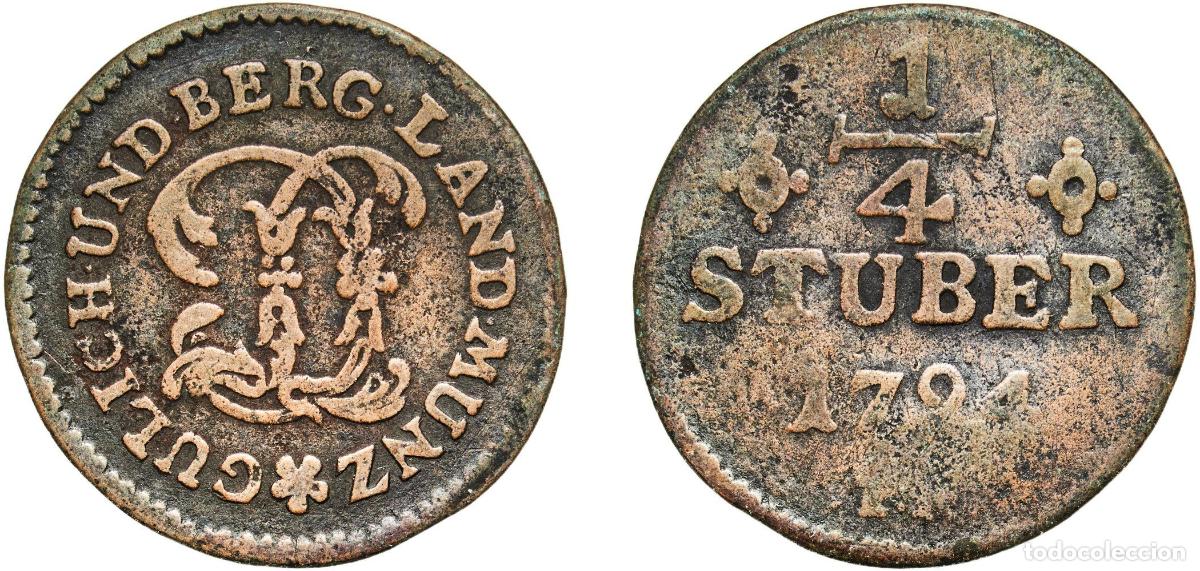 Monedas antiguas de Europa: Germany Duchy of J&uuml;lich-Berg German states 1794 &frac14; St&uuml;ber - Charles Theodor Copper D&uuml;sseldorf Mint 3
