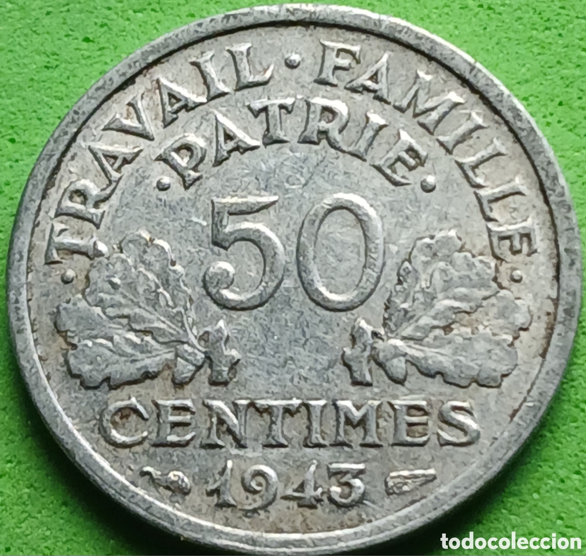 Monedas antiguas de Europa: Francia 50 c&eacute;ntimos 1943 km#914 sin marca de ceca