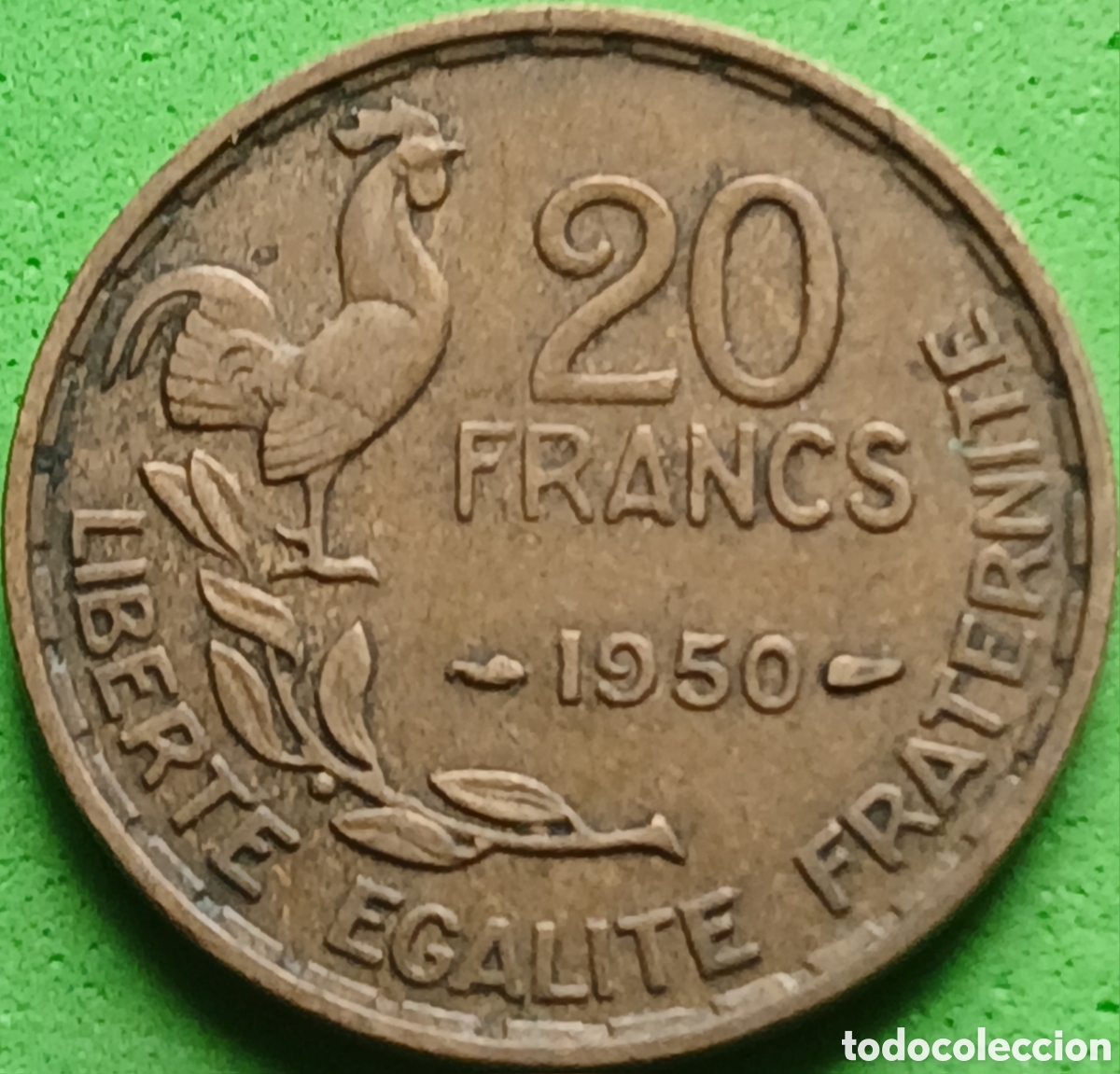 Monedas antiguas de Europa: Francia 20 francos 1950 km#916 sin marca de ceca/ firma &rdquo;GEORGES GUIRAUD &rdquo; en dos l&iacute;neas