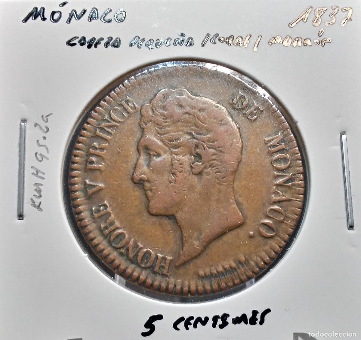 Monedas antiguas de Europa: M&Oacute;NACO 5 C&Eacute;NTIMOS / CENTIMES 1837 KM#95.2a MBC CABEZA PEQUE&Ntilde;A / COBRE / COLOR MARR&Oacute;N.
