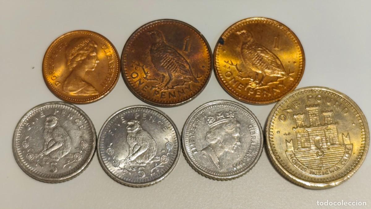 Monedas antiguas de Europa: LOTE DE MONEDAS DE GIBRALTAR - 1/2 P 1973 - 1 P 1988 1994 - 5 P 1990 1993 1998 - 1 LIBRA 1988