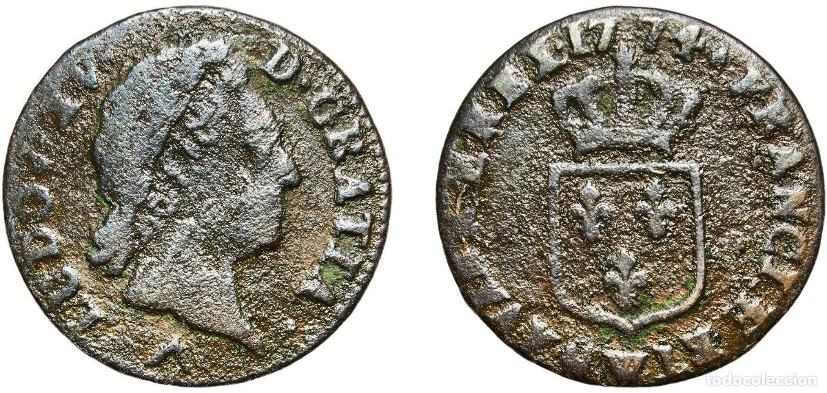 Monedas antiguas de Europa: France Kingdom 1774 W &frac12; Sol - Louis XV (3rd portrait) Copper Lille Mint 5.06g VF Dy royales 1700 G