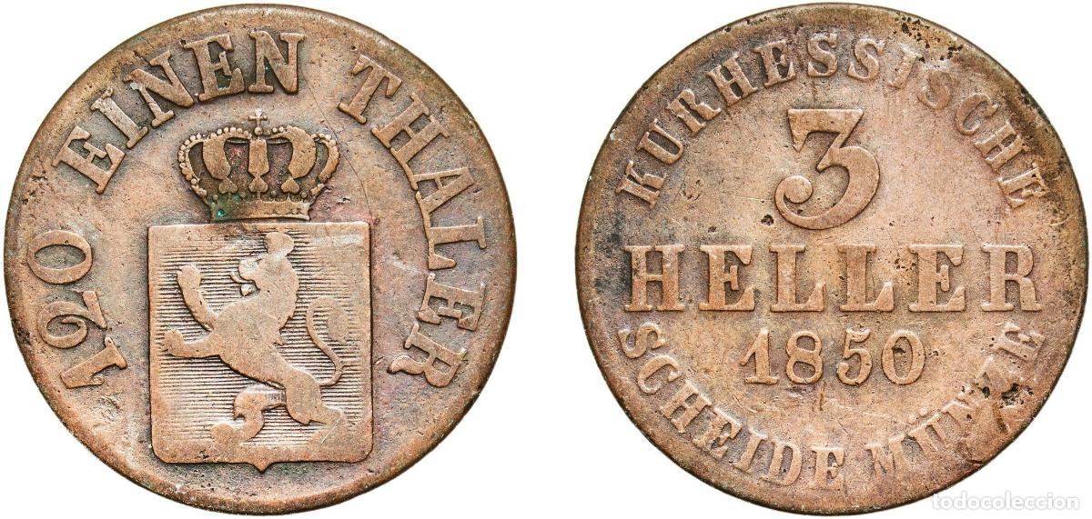 Monedas antiguas de Europa: Hesse, Electorate of German states 1850 3 Heller - Frederick William I Copper Kassel Mint 4.96g VF