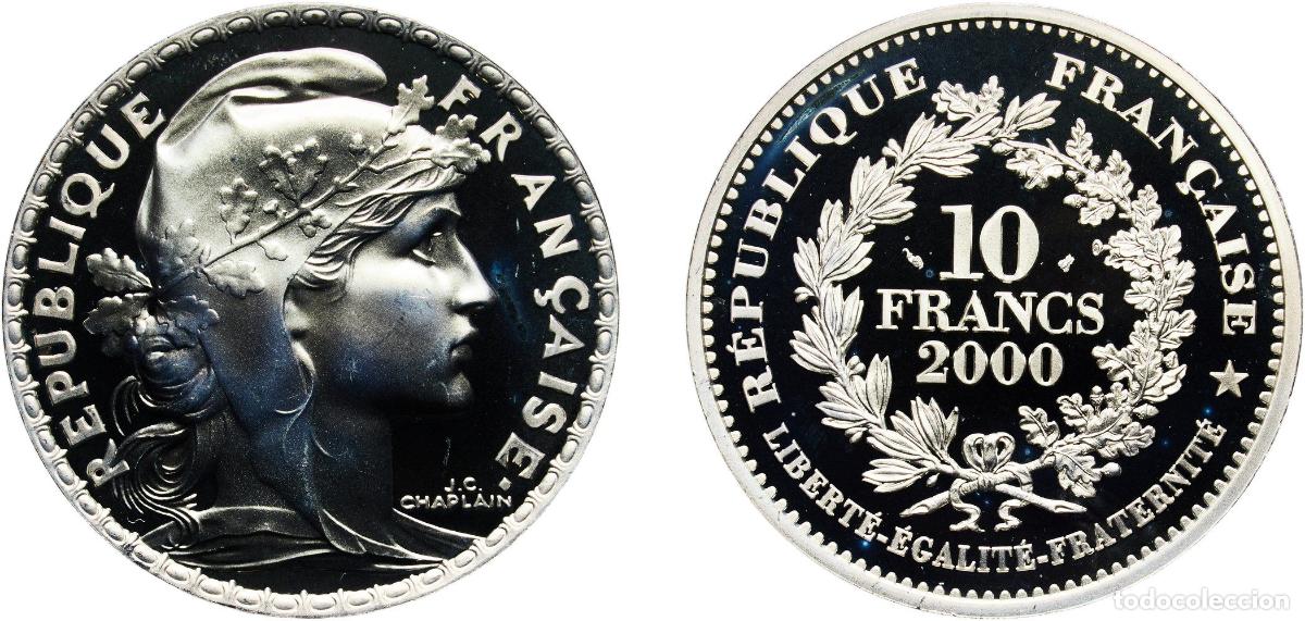 Monedas antiguas de Europa: France Fifth Republic 2000 10 Francs (&rdquo;La Marianne&rdquo; by Jules-Cl&eacute;ment Chaplain) Silver (.900) Paris