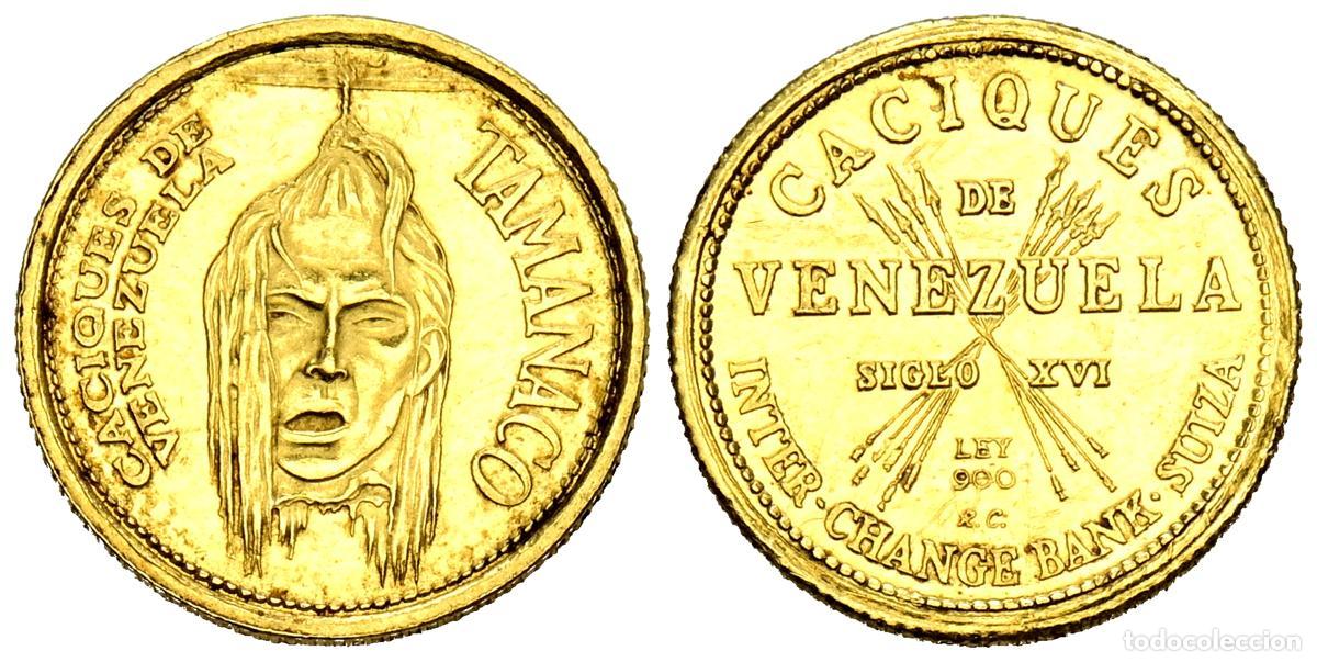 Moedas antigas da Europa: VENEZUELA. Caciques de Venezuela: Tamanaco. (Au. 1,46g/14mm). S/D (ca. 1960). MBC+.. VENEZUELA. Caci